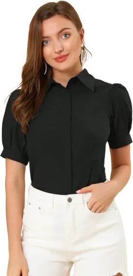 Allegra K Women's Work Office Button Down Shirt Puff Sleeve Collared Short Sleeve Fashion Top