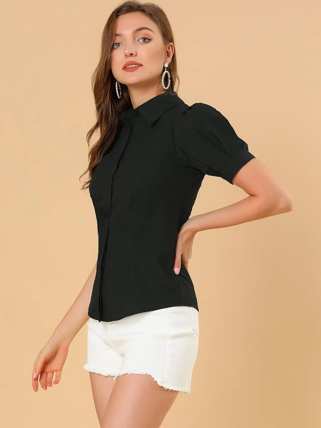 Allegra K Women's Work Office Button Down Shirt Puff Sleeve Collared Short Sleeve Fashion Top