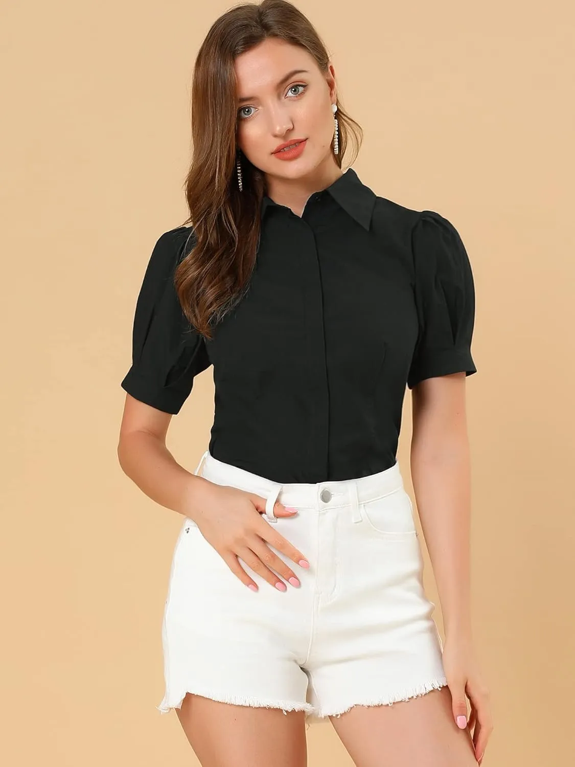 Allegra K Women's Work Office Button Down Shirt Puff Sleeve Collared Short Sleeve Fashion Top