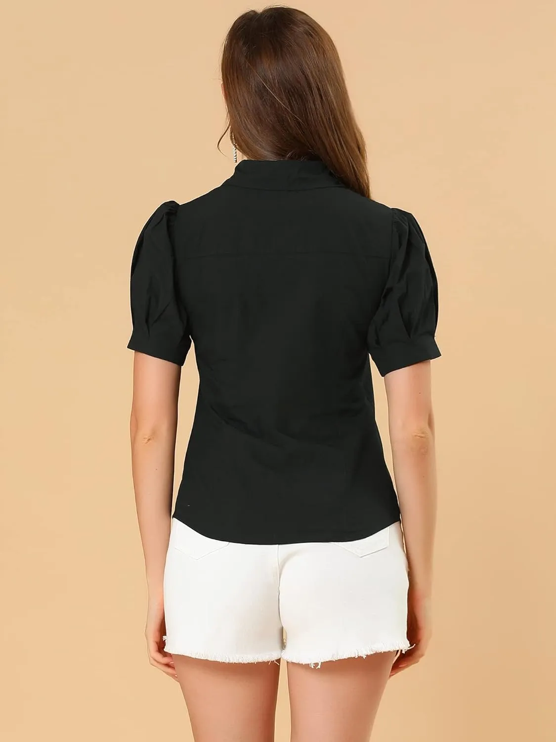 Allegra K Women's Work Office Button Down Shirt Puff Sleeve Collared Short Sleeve Fashion Top