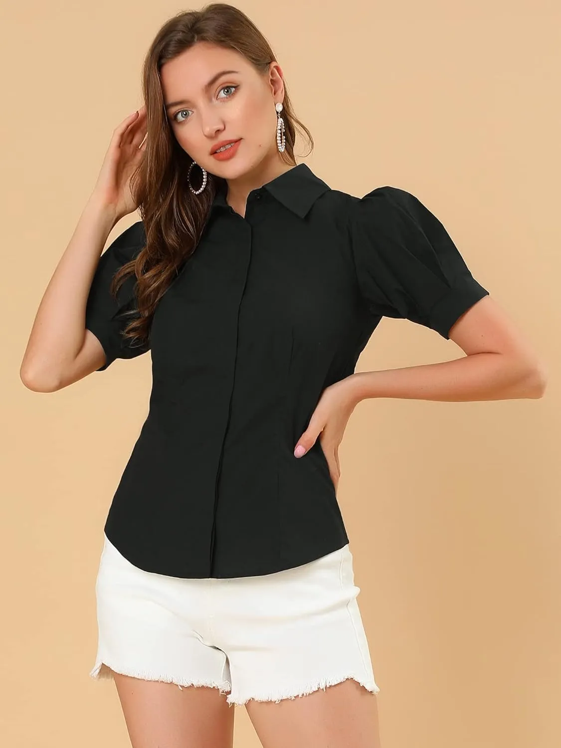 Allegra K Women's Work Office Button Down Shirt Puff Sleeve Collared Short Sleeve Fashion Top