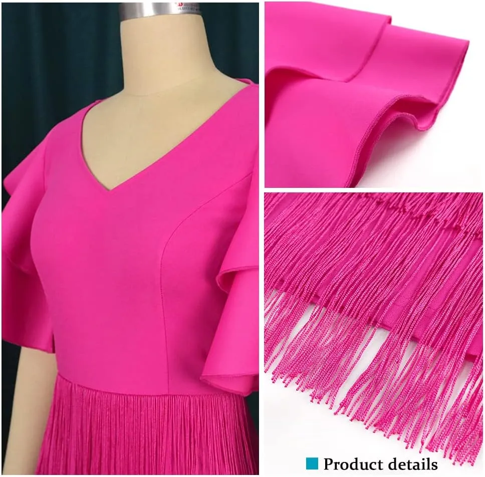 AOMEI Women's Rose V Neck Ruffles Sleeve Patchwork Fringe Tiered Midi Dress
