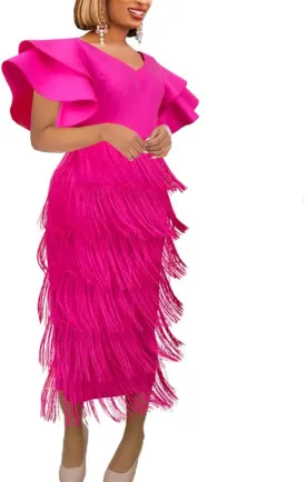 AOMEI Women's Rose V Neck Ruffles Sleeve Patchwork Fringe Tiered Midi Dress