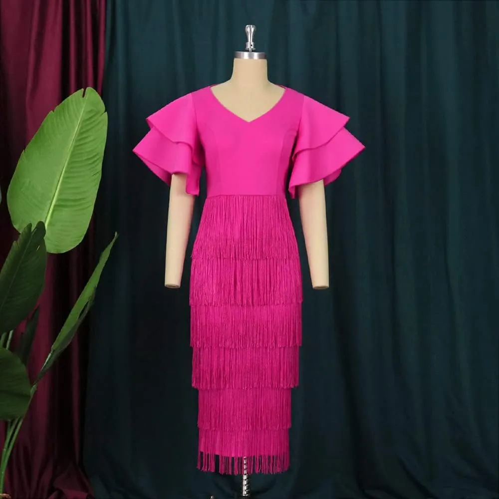 AOMEI Women's Rose V Neck Ruffles Sleeve Patchwork Fringe Tiered Midi Dress