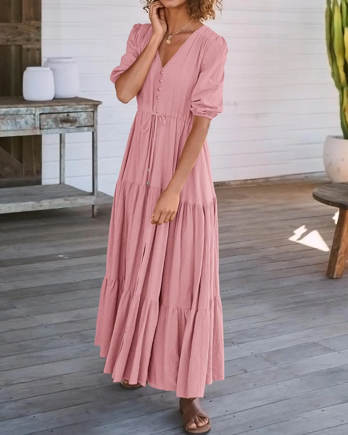 BTFBM Women Summer Dresses Short Sleeves V Neck Button Drawstring Maxi Dresses Solid Color Boho Long Dresses