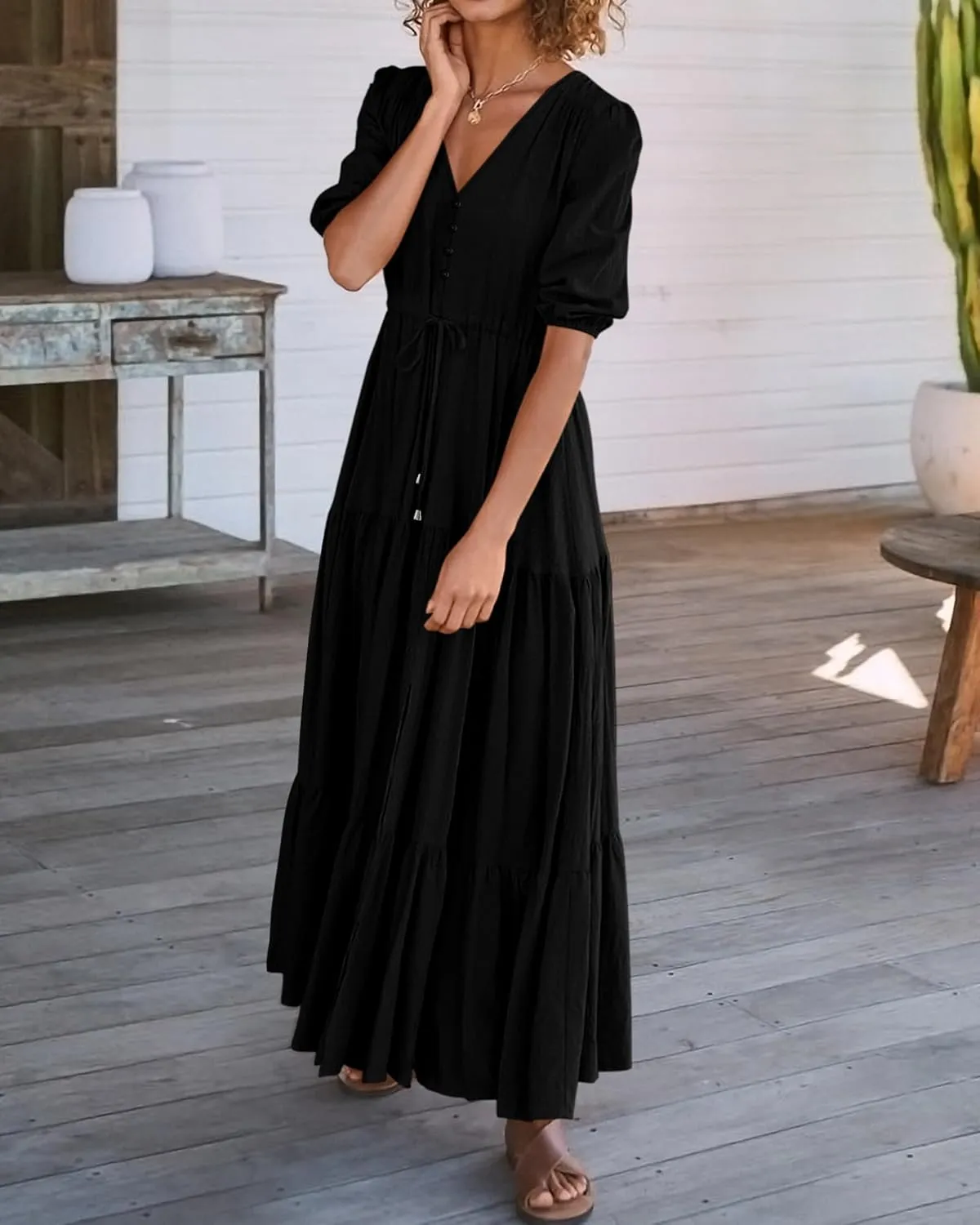BTFBM Women Summer Dresses Short Sleeves V Neck Button Drawstring Maxi Dresses Solid Color Boho Long Dresses