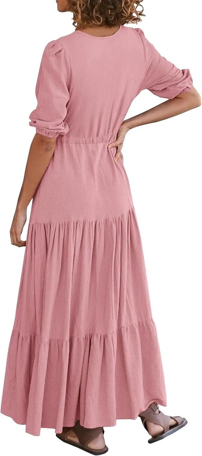 BTFBM Women Summer Dresses Short Sleeves V Neck Button Drawstring Maxi Dresses Solid Color Boho Long Dresses
