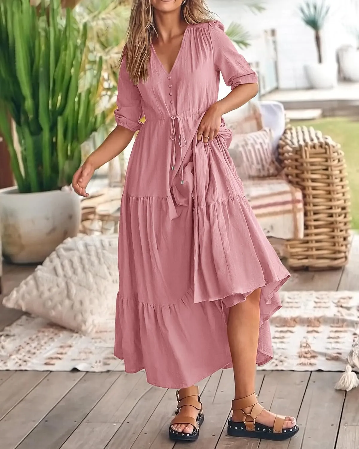 BTFBM Women Summer Dresses Short Sleeves V Neck Button Drawstring Maxi Dresses Solid Color Boho Long Dresses