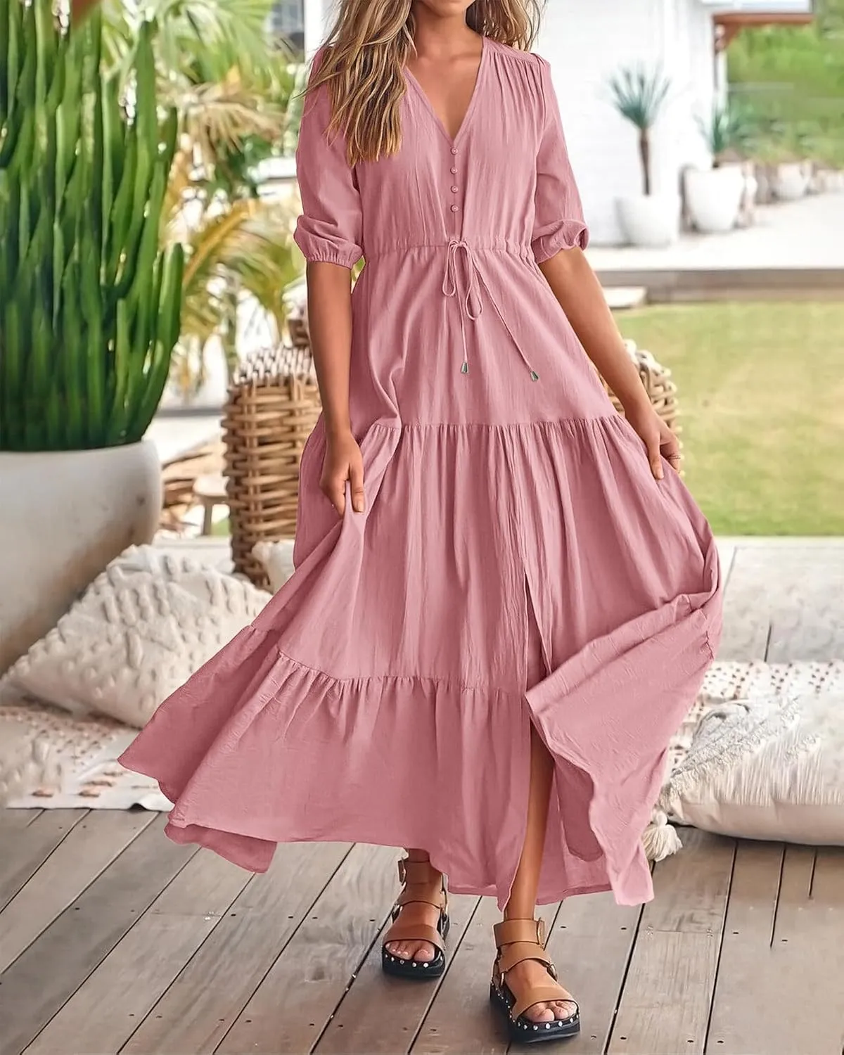 BTFBM Women Summer Dresses Short Sleeves V Neck Button Drawstring Maxi Dresses Solid Color Boho Long Dresses