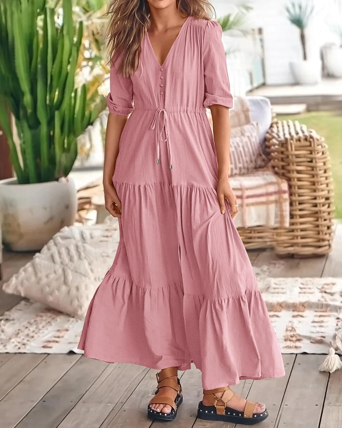 BTFBM Women Summer Dresses Short Sleeves V Neck Button Drawstring Maxi Dresses Solid Color Boho Long Dresses