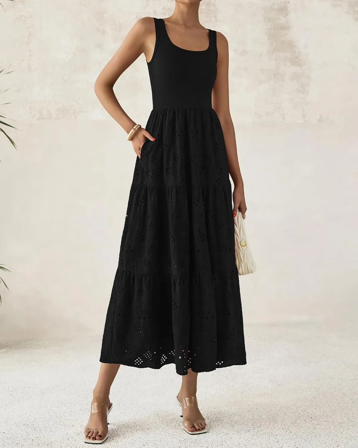 BTFBM Women Summer Eyelet Midi Dresses Casual Spring 2025 Sleeveless A Line Flowy Vacation Beach Wedding Guest Sun Dress