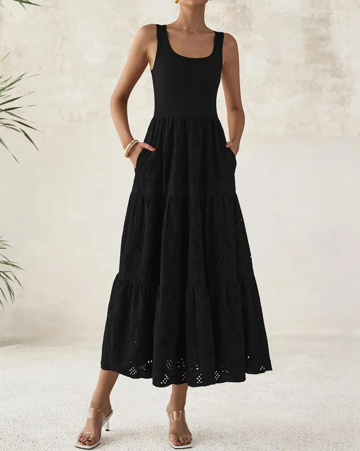 BTFBM Women Summer Eyelet Midi Dresses Casual Spring 2025 Sleeveless A Line Flowy Vacation Beach Wedding Guest Sun Dress