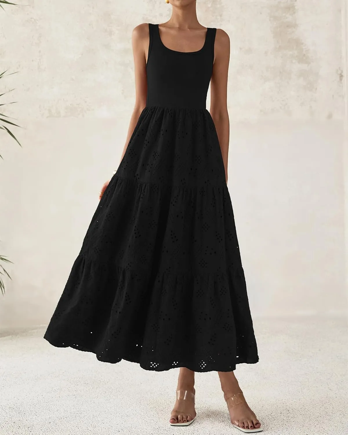 BTFBM Women Summer Eyelet Midi Dresses Casual Spring 2025 Sleeveless A Line Flowy Vacation Beach Wedding Guest Sun Dress