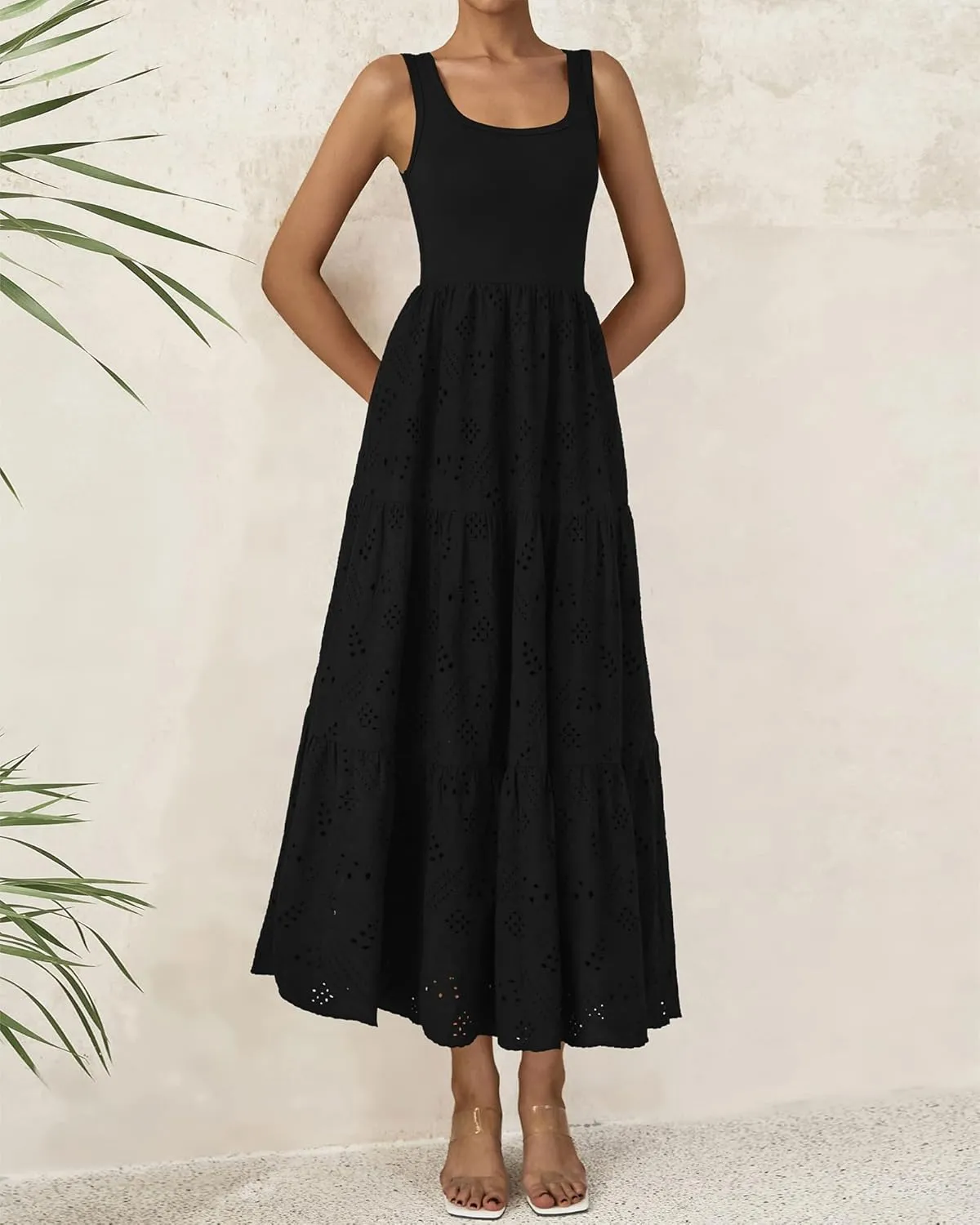 BTFBM Women Summer Eyelet Midi Dresses Casual Spring 2025 Sleeveless A Line Flowy Vacation Beach Wedding Guest Sun Dress