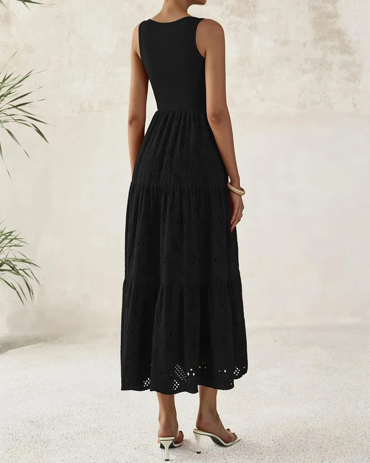 BTFBM Women Summer Eyelet Midi Dresses Casual Spring 2025 Sleeveless A Line Flowy Vacation Beach Wedding Guest Sun Dress