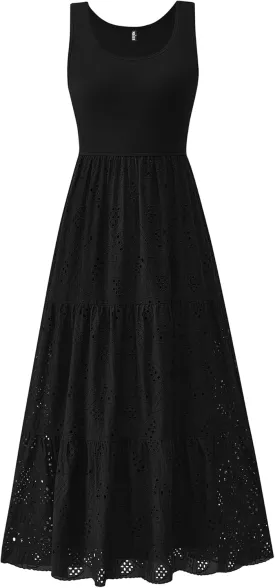BTFBM Women Summer Eyelet Midi Dresses Casual Spring 2025 Sleeveless A Line Flowy Vacation Beach Wedding Guest Sun Dress