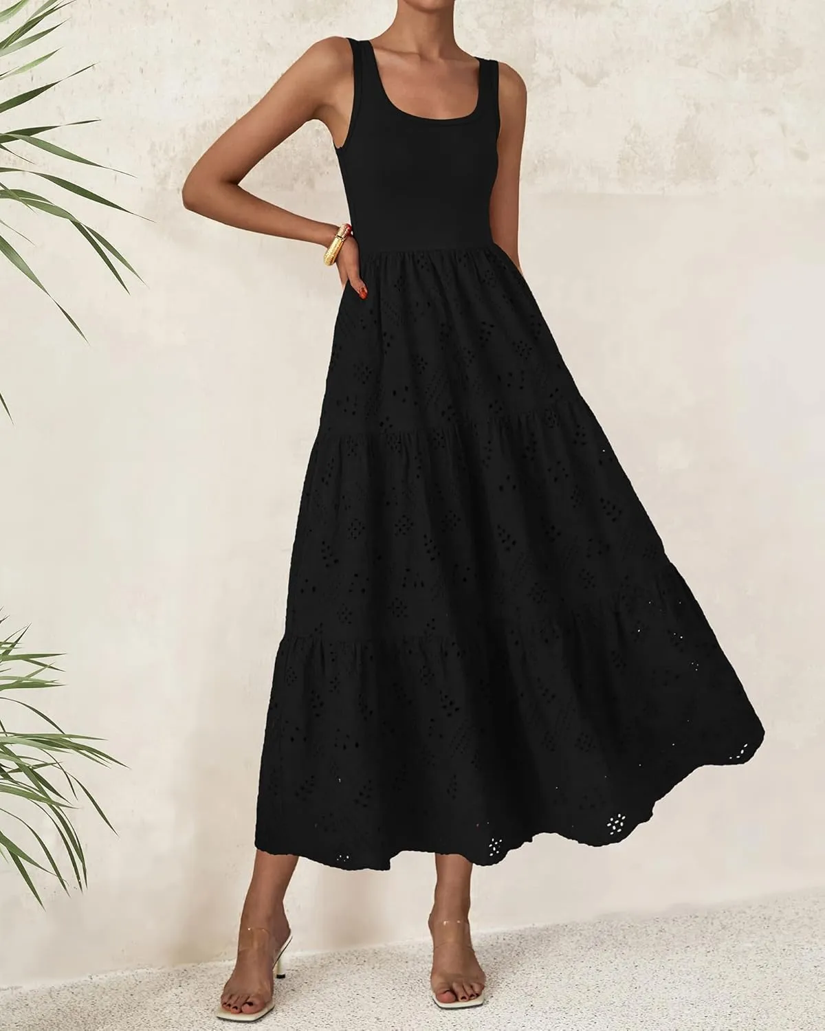 BTFBM Women Summer Eyelet Midi Dresses Casual Spring 2025 Sleeveless A Line Flowy Vacation Beach Wedding Guest Sun Dress