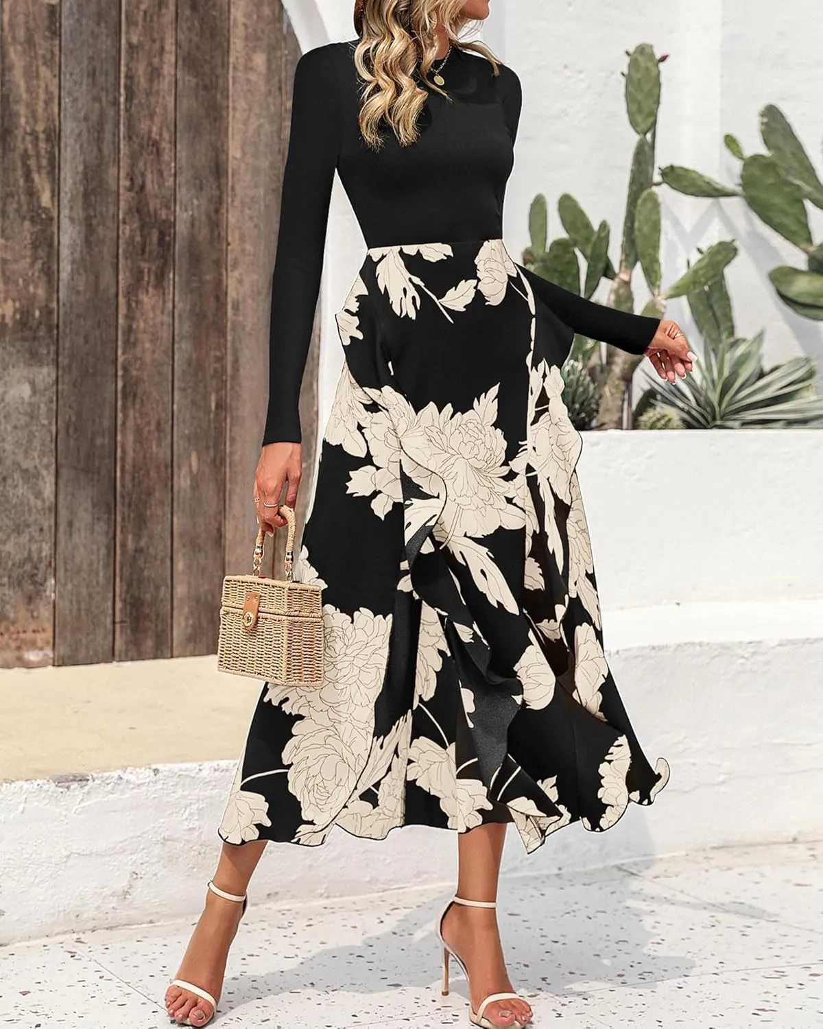 BTFBM Womens Floral Maxi Dress Spring Summer Casual Crewneck Long Sleeve Ruffle Flowy Cocktail Wedding Guest Dresses