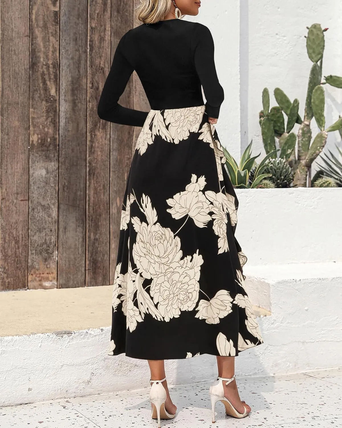 BTFBM Womens Floral Maxi Dress Spring Summer Casual Crewneck Long Sleeve Ruffle Flowy Cocktail Wedding Guest Dresses