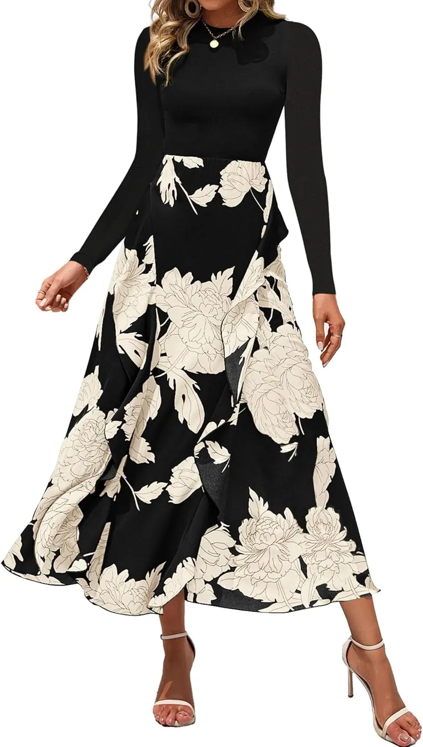 BTFBM Womens Floral Maxi Dress Spring Summer Casual Crewneck Long Sleeve Ruffle Flowy Cocktail Wedding Guest Dresses