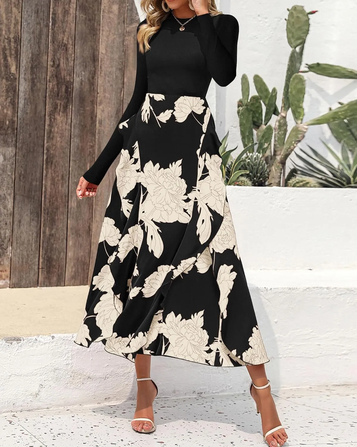 BTFBM Womens Floral Maxi Dress Spring Summer Casual Crewneck Long Sleeve Ruffle Flowy Cocktail Wedding Guest Dresses