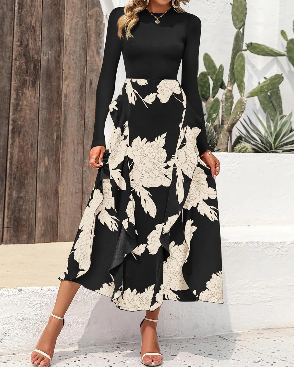 BTFBM Womens Floral Maxi Dress Spring Summer Casual Crewneck Long Sleeve Ruffle Flowy Cocktail Wedding Guest Dresses