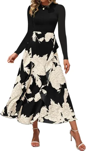 BTFBM Womens Floral Maxi Dress Spring Summer Casual Crewneck Long Sleeve Ruffle Flowy Cocktail Wedding Guest Dresses