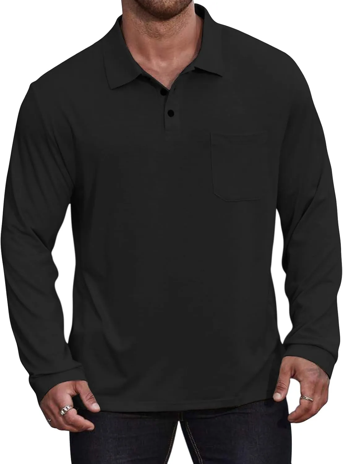 Casual Men's Long Sleeve Polo Shirt Dress Button Solid Color Collared Golf Tops with Pocket