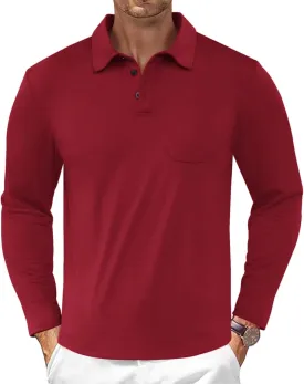 Casual Men's Long Sleeve Polo Shirt Dress Button Solid Color Collared Golf Tops with Pocket