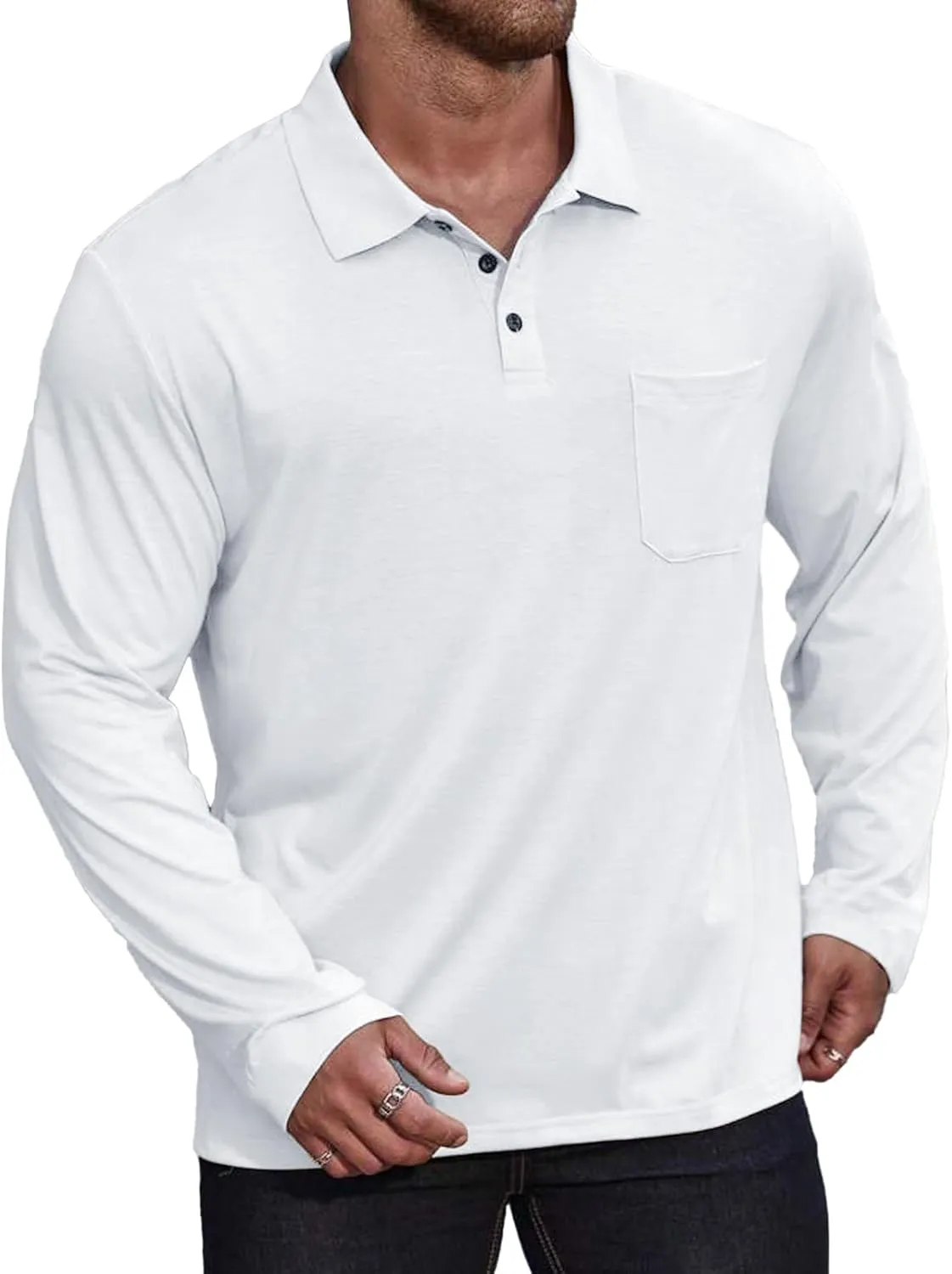 Casual Men's Long Sleeve Polo Shirt Dress Button Solid Color Collared Golf Tops with Pocket