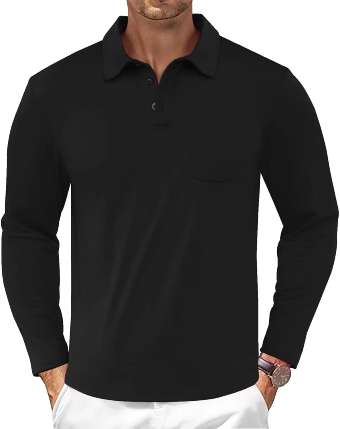 Casual Men's Long Sleeve Polo Shirt Dress Button Solid Color Collared Golf Tops with Pocket