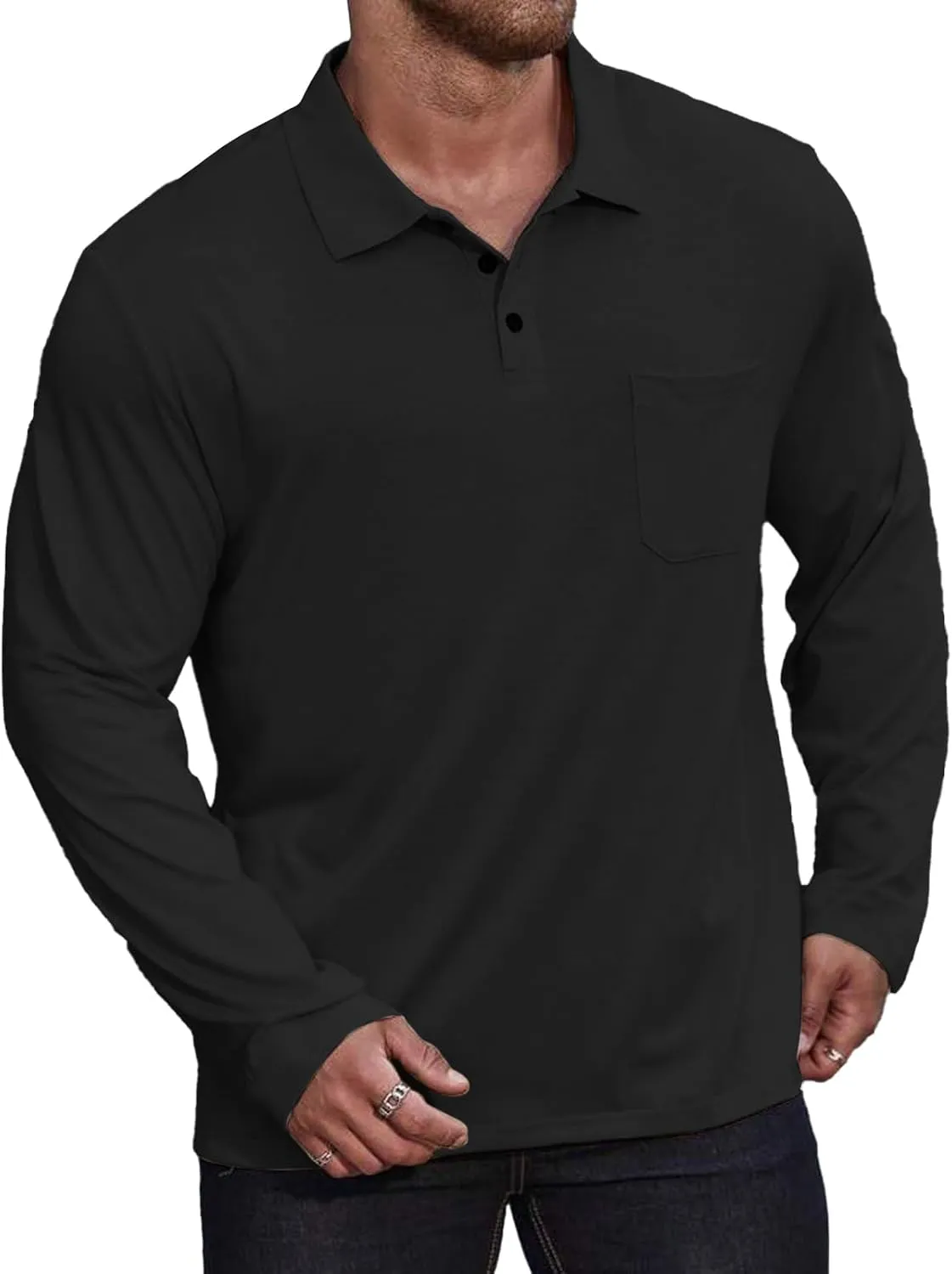 Casual Men's Long Sleeve Polo Shirt Dress Button Solid Color Collared Golf Tops with Pocket