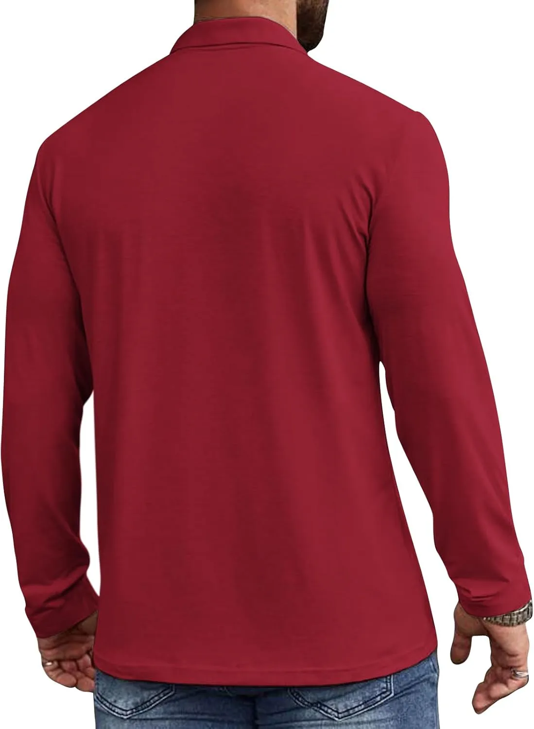 Casual Men's Long Sleeve Polo Shirt Dress Button Solid Color Collared Golf Tops with Pocket