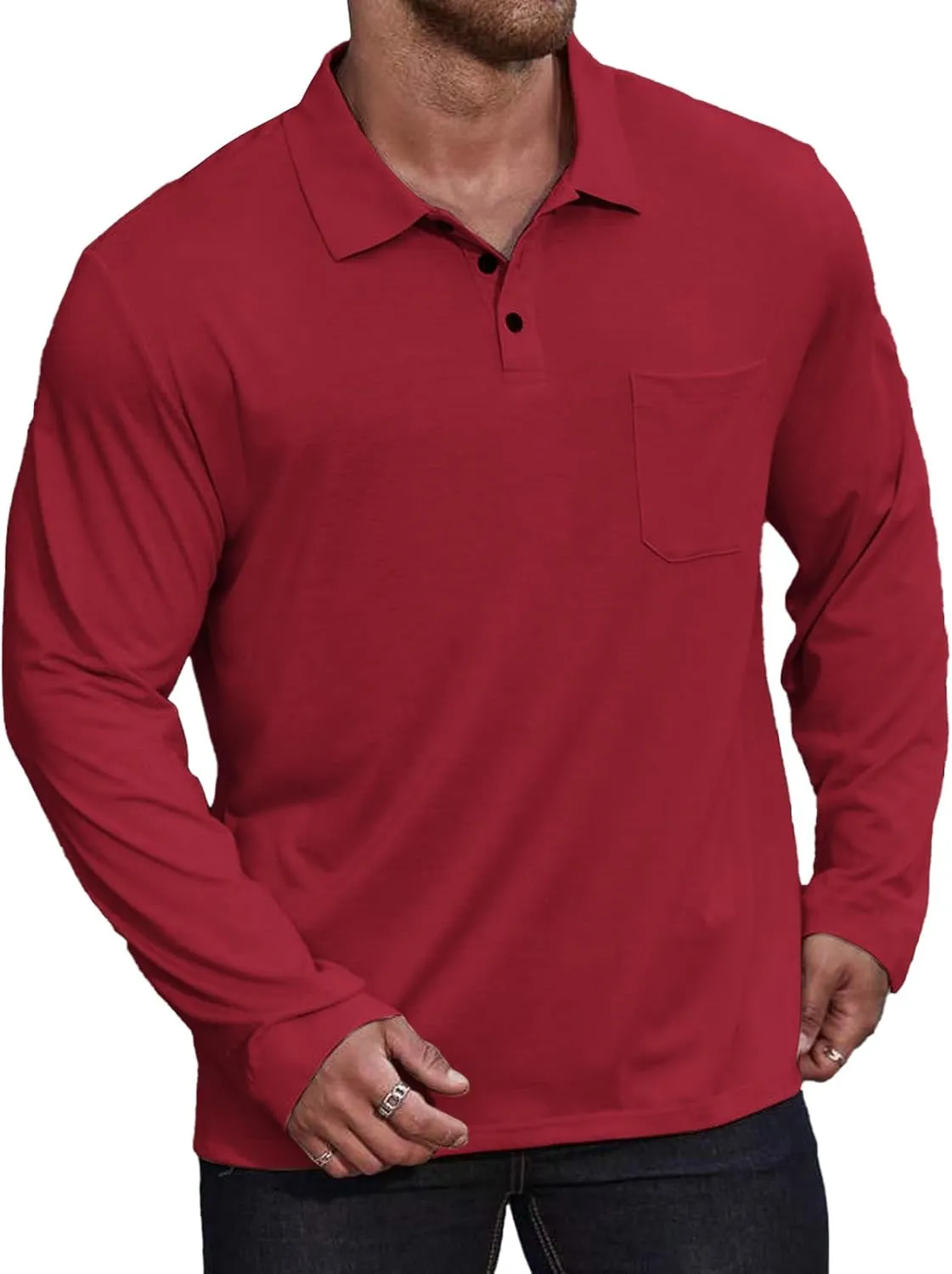 Casual Men's Long Sleeve Polo Shirt Dress Button Solid Color Collared Golf Tops with Pocket