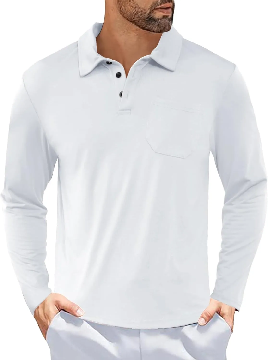 Casual Men's Long Sleeve Polo Shirt Dress Button Solid Color Collared Golf Tops with Pocket