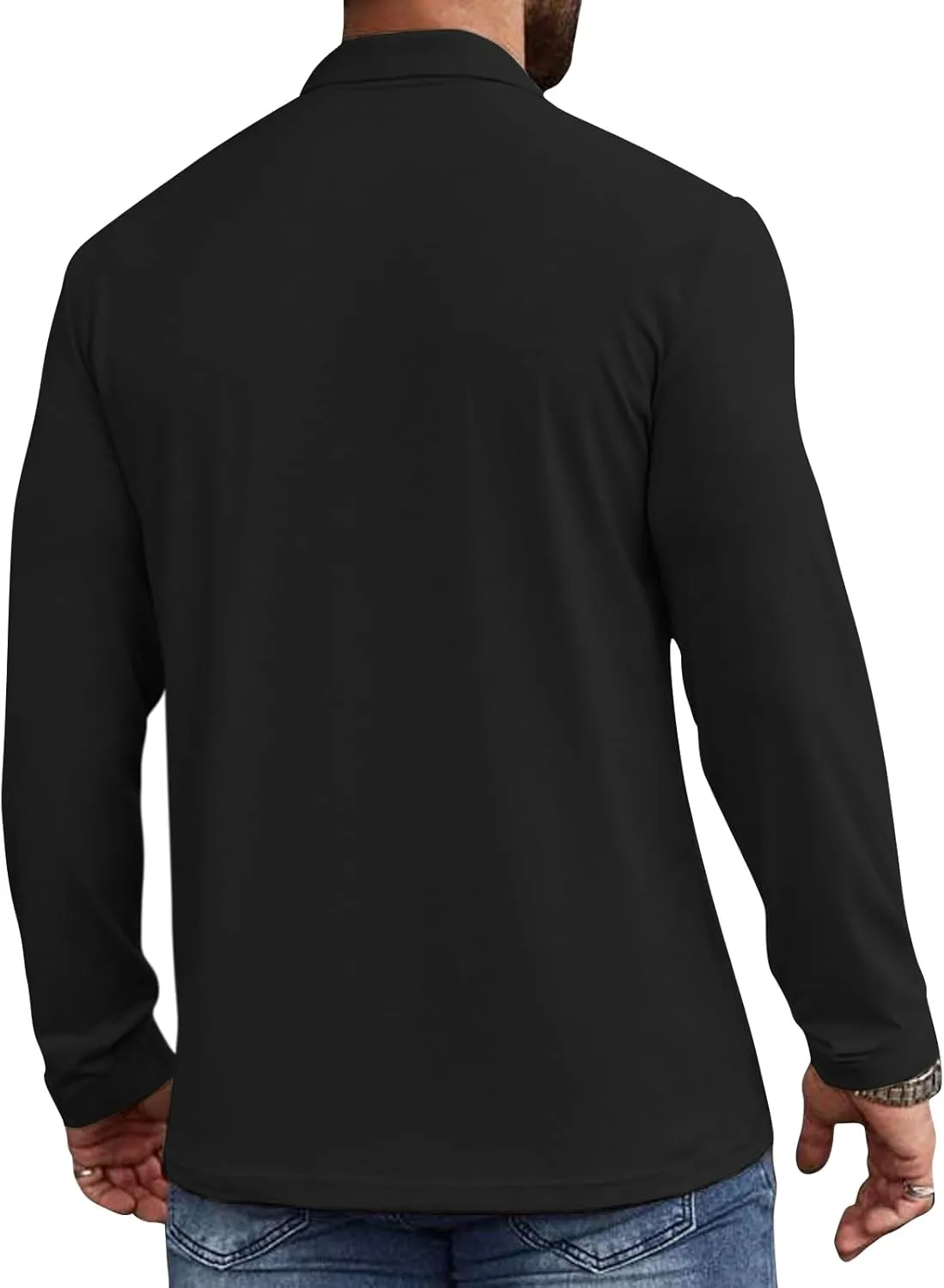 Casual Men's Long Sleeve Polo Shirt Dress Button Solid Color Collared Golf Tops with Pocket