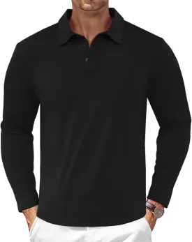 Casual Men's Long Sleeve Polo Shirt Dress Button Solid Color Collared Golf Tops with Pocket