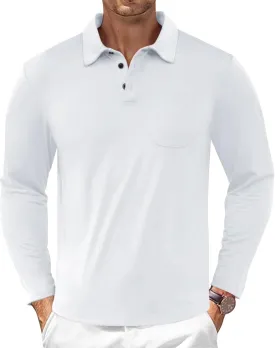 Casual Men's Long Sleeve Polo Shirt Dress Button Solid Color Collared Golf Tops with Pocket