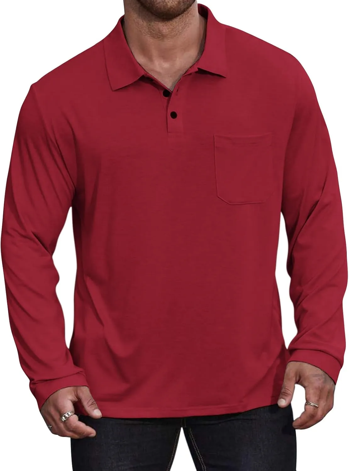 Casual Men's Long Sleeve Polo Shirt Dress Button Solid Color Collared Golf Tops with Pocket