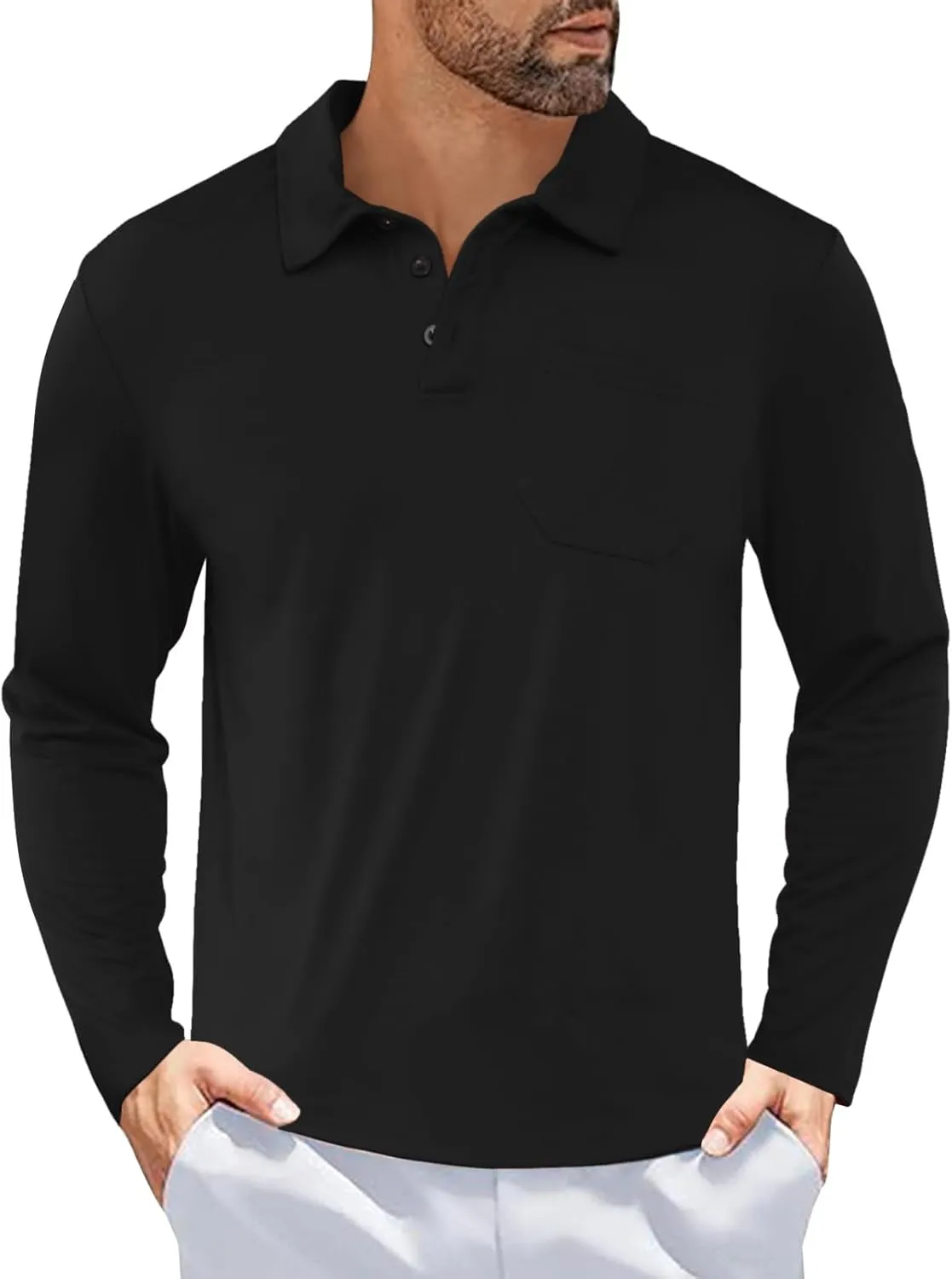 Casual Men's Long Sleeve Polo Shirt Dress Button Solid Color Collared Golf Tops with Pocket