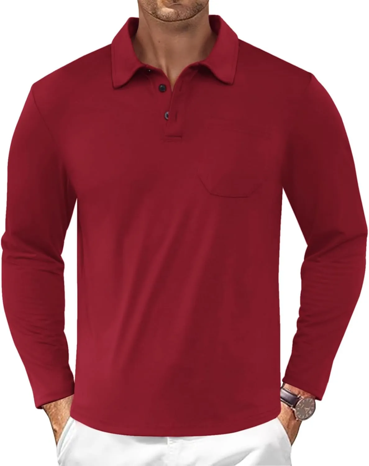 Casual Men's Long Sleeve Polo Shirt Dress Button Solid Color Collared Golf Tops with Pocket