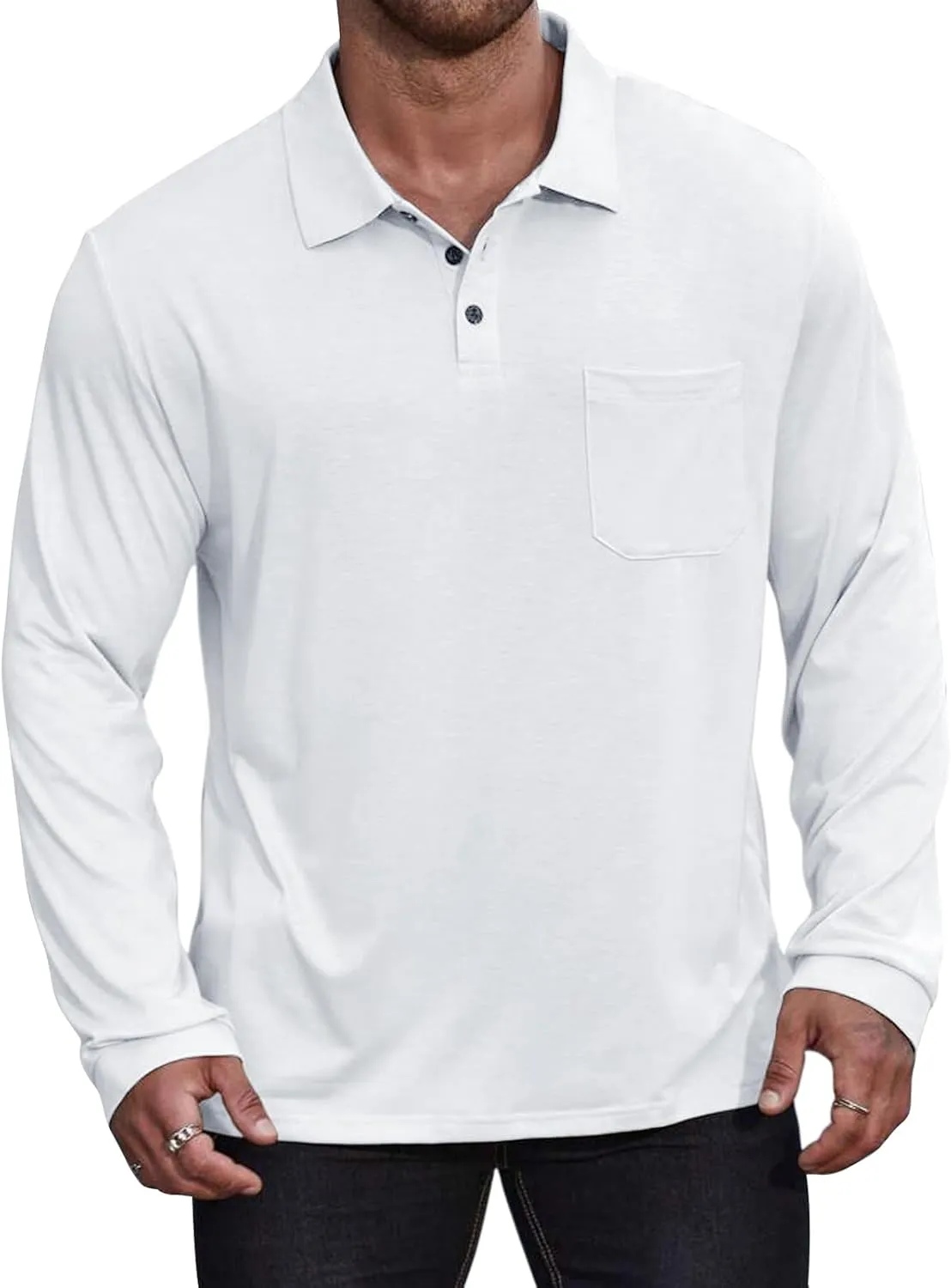 Casual Men's Long Sleeve Polo Shirt Dress Button Solid Color Collared Golf Tops with Pocket