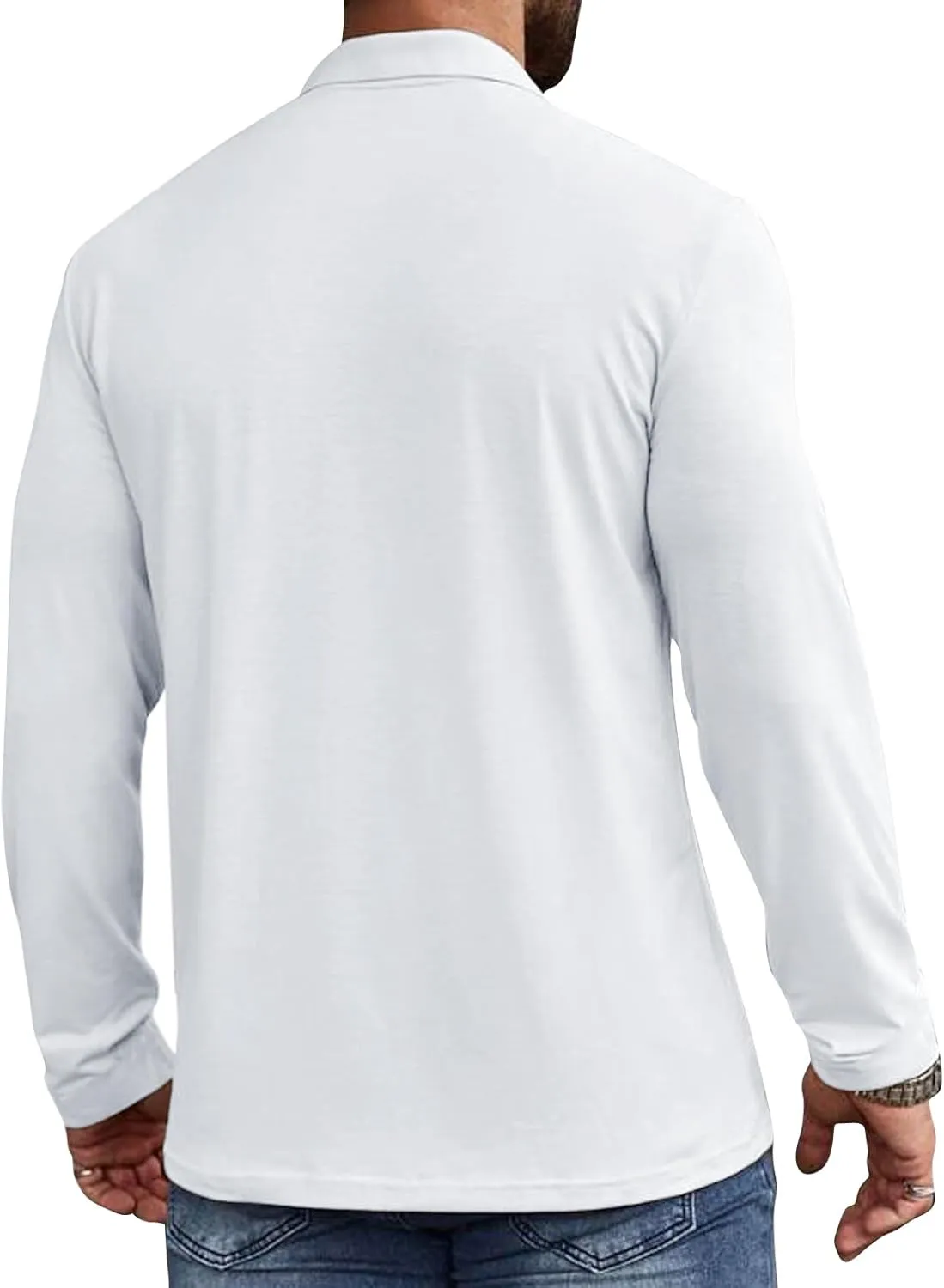 Casual Men's Long Sleeve Polo Shirt Dress Button Solid Color Collared Golf Tops with Pocket