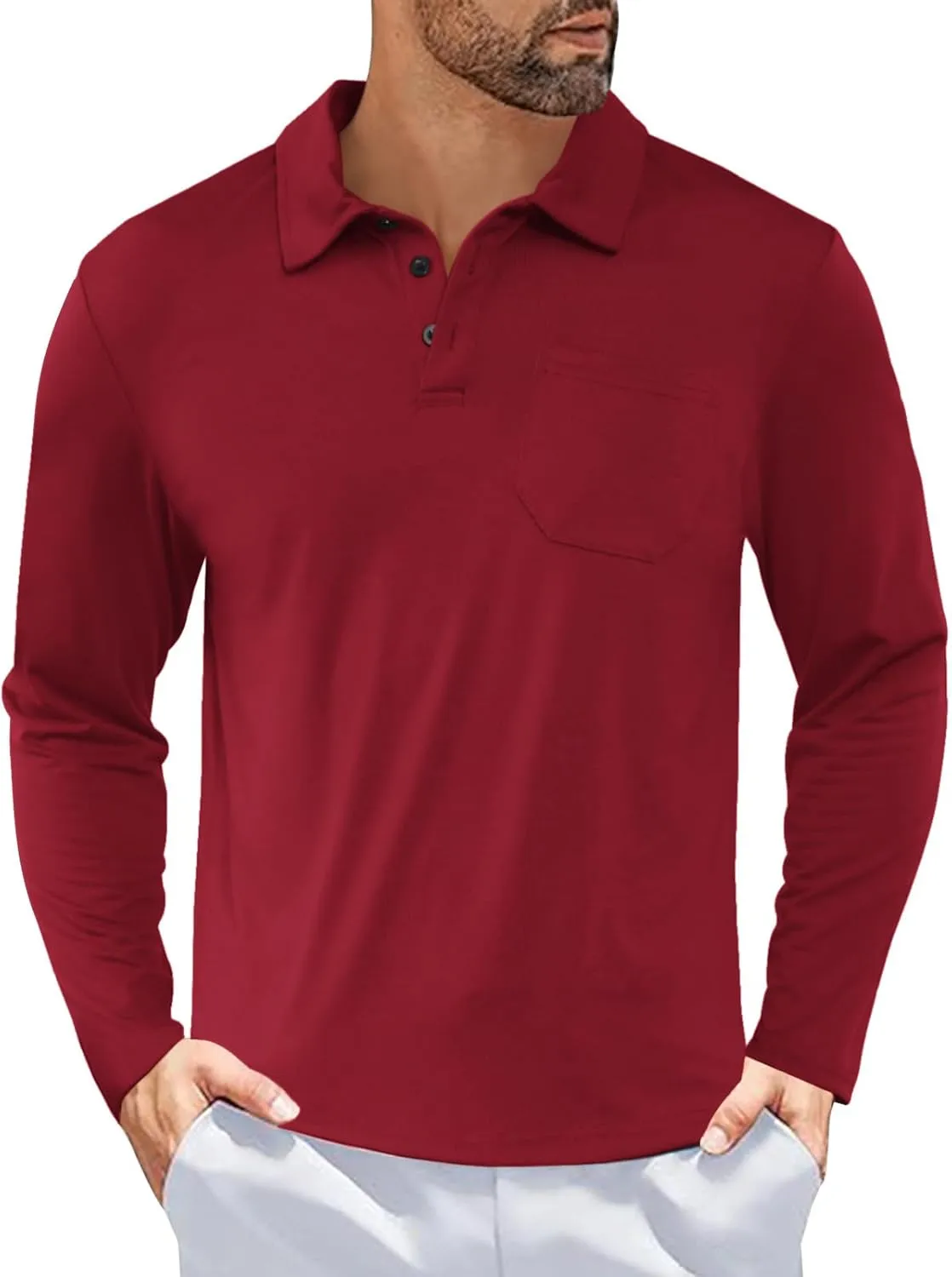 Casual Men's Long Sleeve Polo Shirt Dress Button Solid Color Collared Golf Tops with Pocket