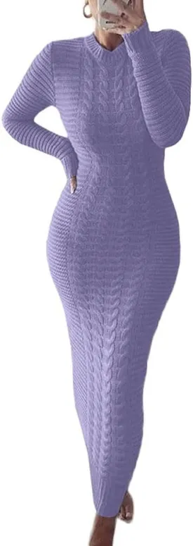 chouyatou Women's Sexy Crewneck Long Sleeve Cable Knit Bodycon Maxi Pullover Sweater Dress