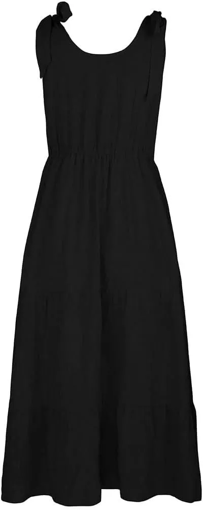 chouyatou Women's Summer Adjustable Spaghetti Strap Solid Ruffle Swing Midi Dress