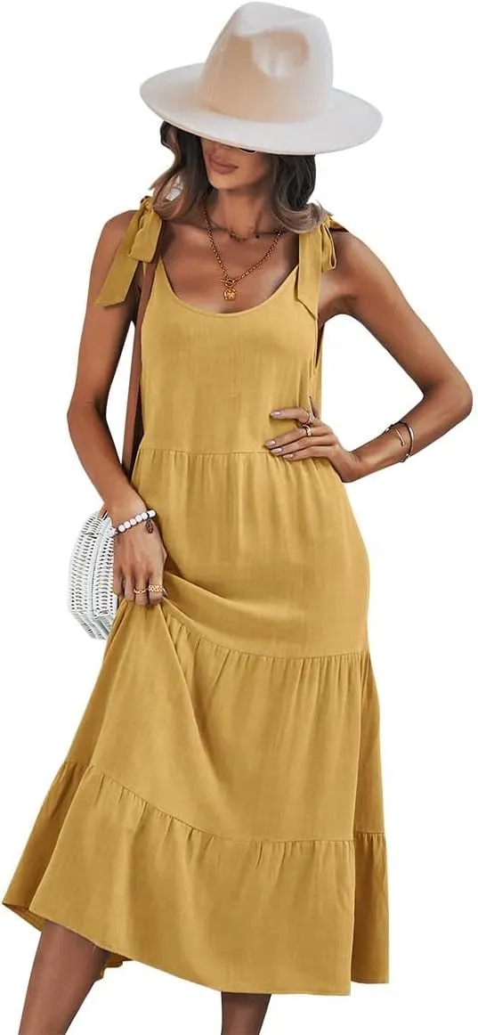 chouyatou Women's Summer Adjustable Spaghetti Strap Solid Ruffle Swing Midi Dress