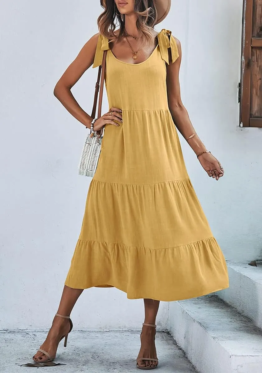 chouyatou Women's Summer Adjustable Spaghetti Strap Solid Ruffle Swing Midi Dress