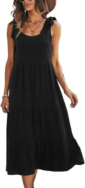 chouyatou Women's Summer Adjustable Spaghetti Strap Solid Ruffle Swing Midi Dress