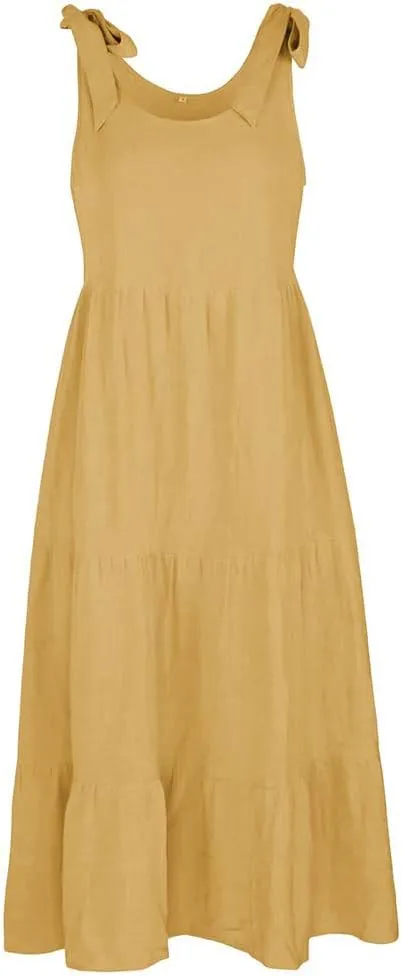 chouyatou Women's Summer Adjustable Spaghetti Strap Solid Ruffle Swing Midi Dress